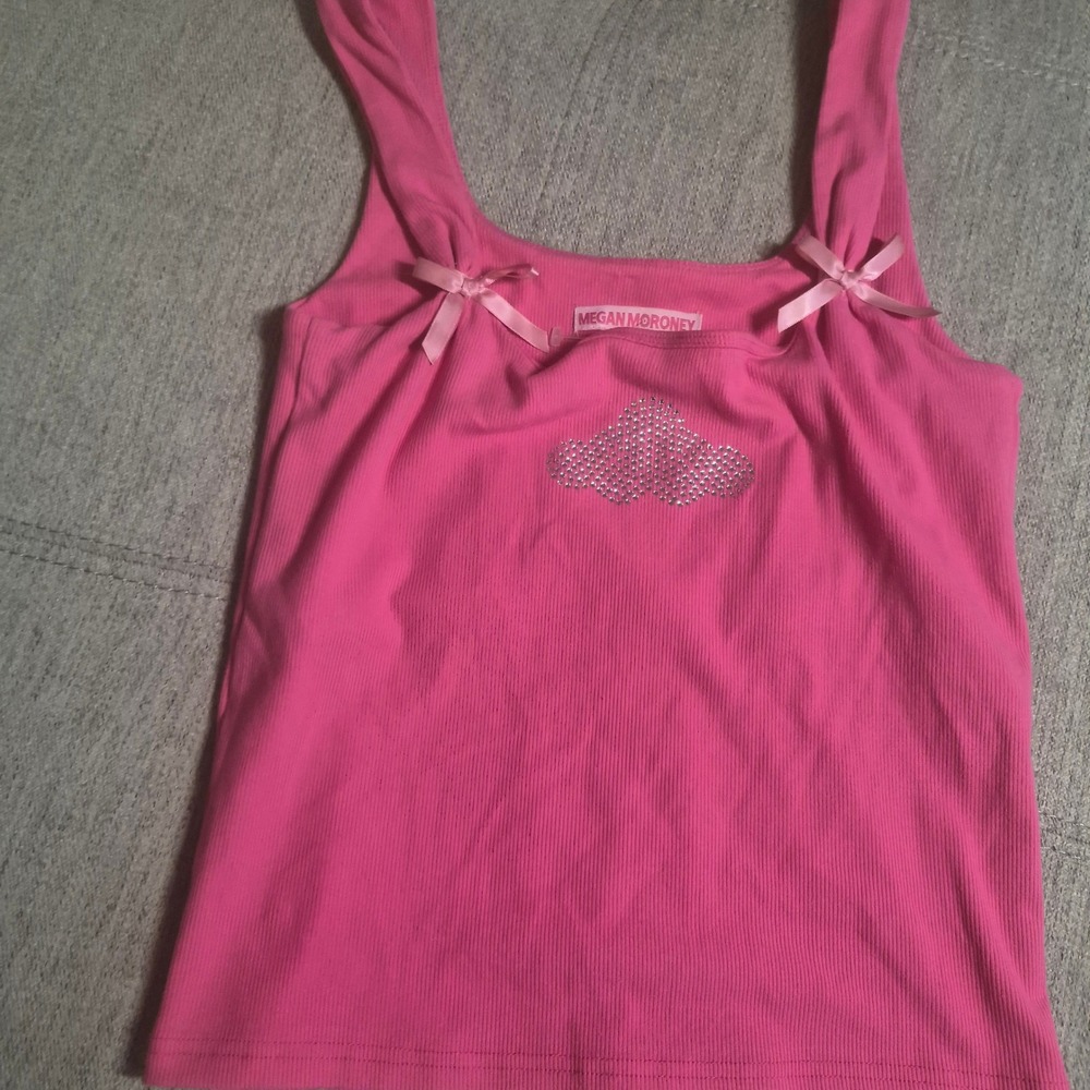 Megan Moroney Pink Rhinestone Cloud Ribbed Tank Top with Bows Women medium